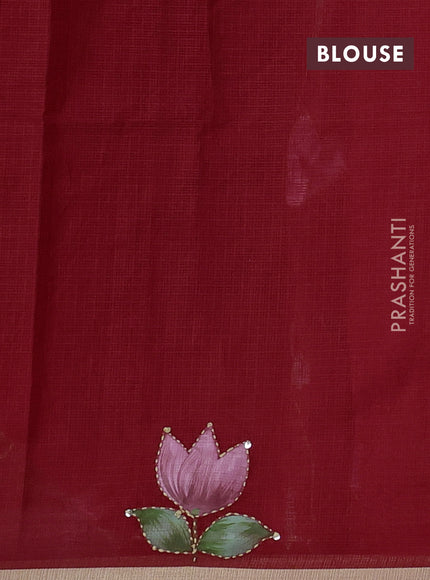Kota saree red with hand prints & kantha stitch work and zari woven piping border