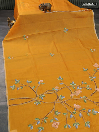 Kota saree dark mustard with hand prints & kantha stitch work and zari woven piping border