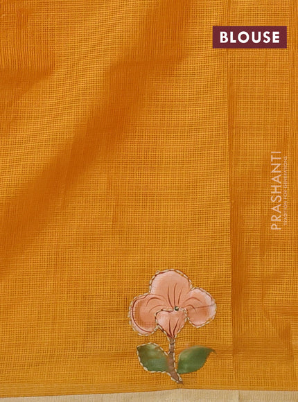 Kota saree dark mustard with hand prints & kantha stitch work and zari woven piping border