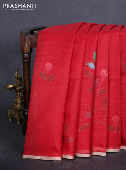 Kota saree kumkum red with hand prints & kantha stitch work and zari woven piping border