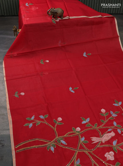 Kota saree kumkum red with hand prints & kantha stitch work and zari woven piping border