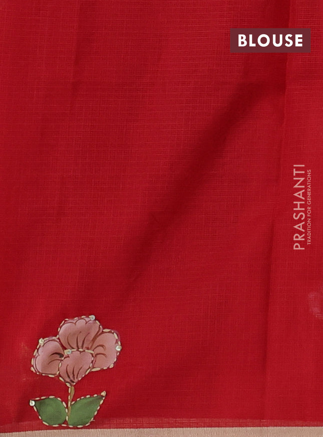 Kota saree kumkum red with hand prints & kantha stitch work and zari woven piping border