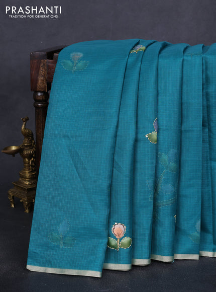 Kota saree teal green with hand prints & kantha stitch work and zari woven piping border