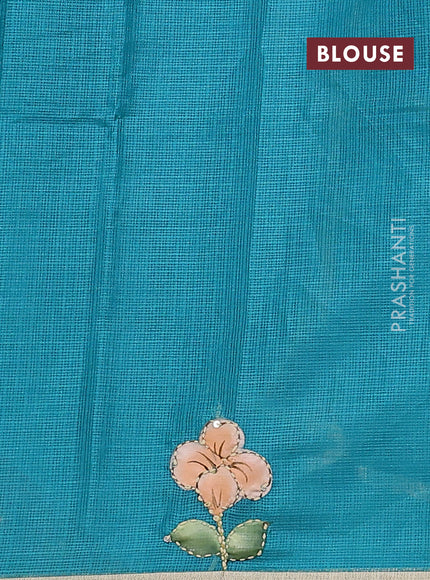 Kota saree teal green with hand prints & kantha stitch work and zari woven piping border