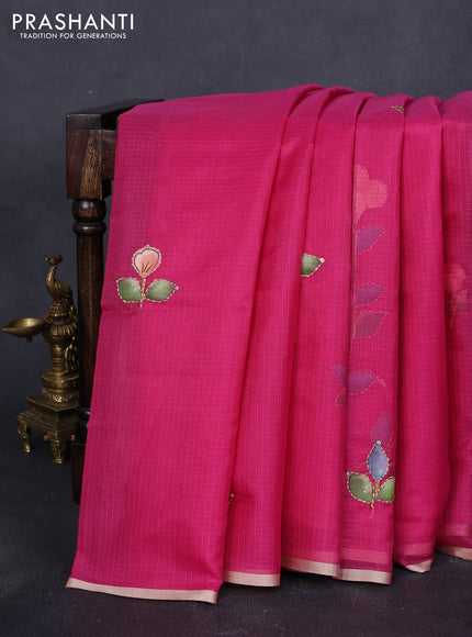 Kota saree pink with hand prints & kantha stitch work and zari woven piping border