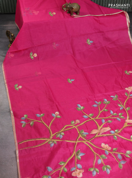 Kota saree pink with hand prints & kantha stitch work and zari woven piping border
