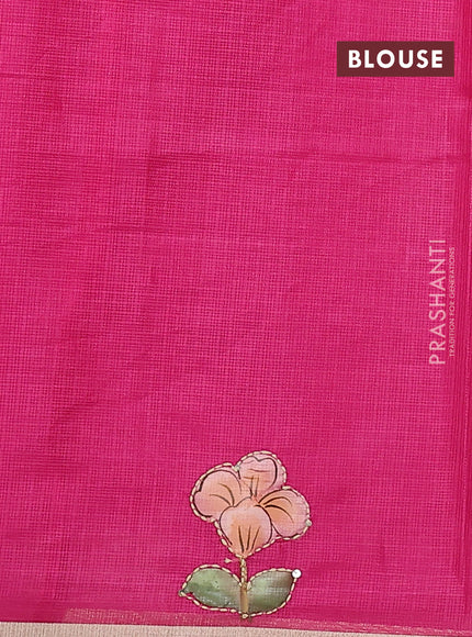 Kota saree pink with hand prints & kantha stitch work and zari woven piping border
