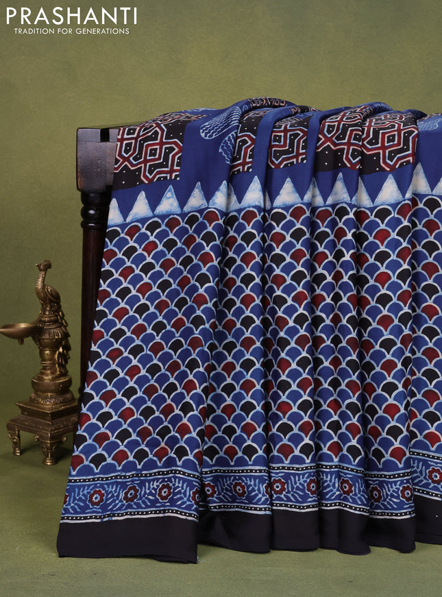 Modal silk saree blue with allover ajrakh prints and printed pallu