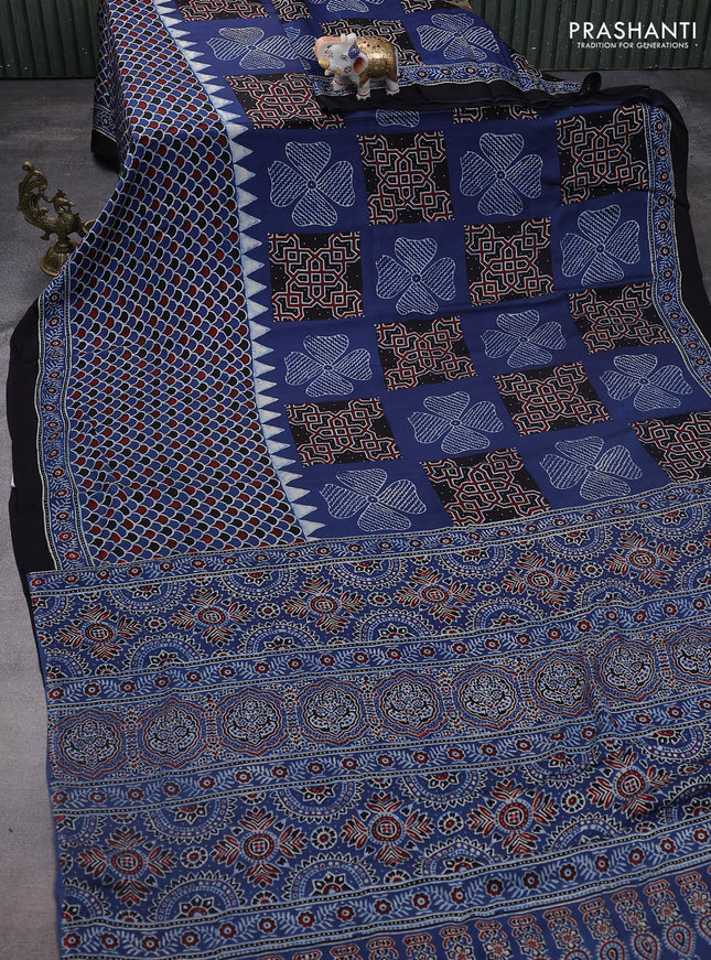 Modal silk saree blue with allover ajrakh prints and printed pallu