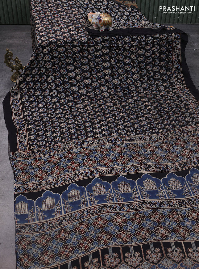 Modal silk saree black with allover ajrakh prints and printed pallu