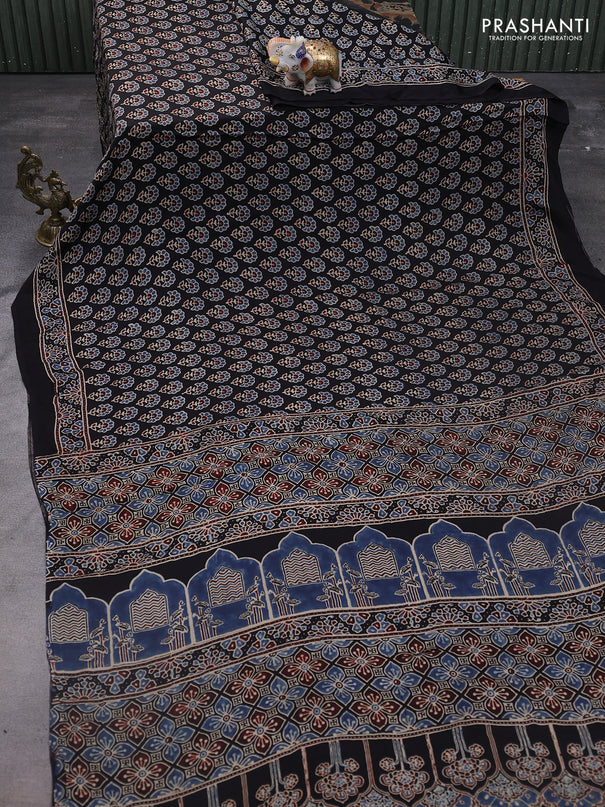 Modal silk saree black with allover ajrakh prints and printed pallu