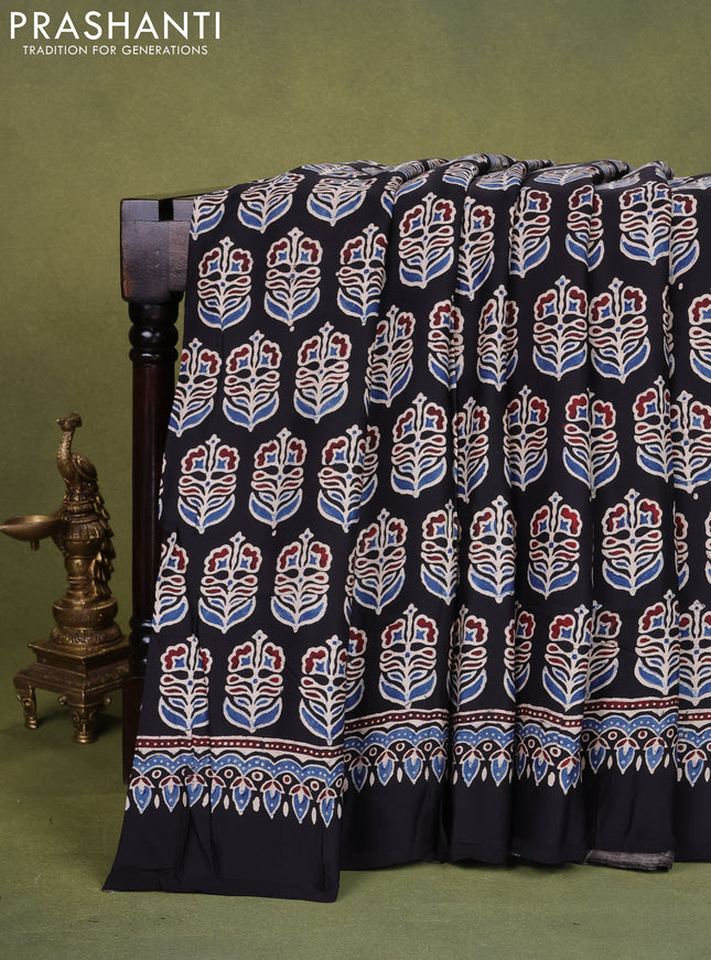 Modal silk saree black with allover ajrakh prints and printed pallu