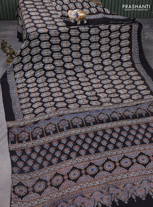 Modal silk saree black with allover ajrakh prints and printed pallu