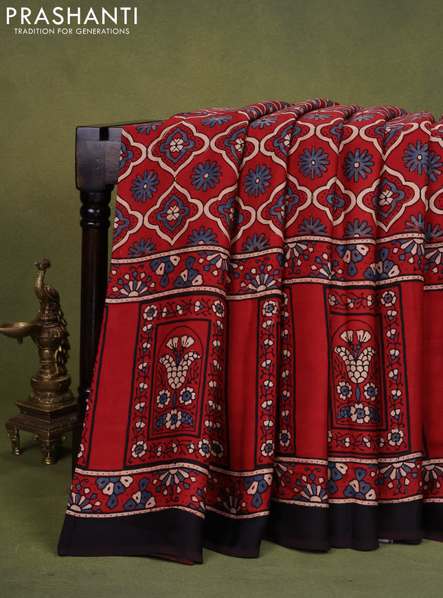 Modal silk saree maroon and black with allover ajrakh prints and printed pallu