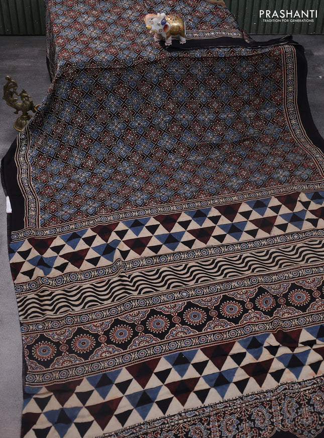 Modal silk saree black with allover ajrakh prints and printed pallu