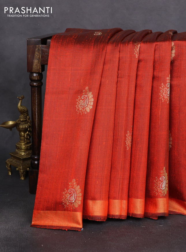 Pure dupion silk saree rustic orange with thread & zari woven paisley buttas and zari woven border