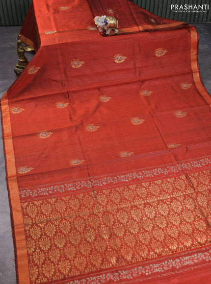 Pure dupion silk saree rustic orange with thread & zari woven paisley buttas and zari woven border