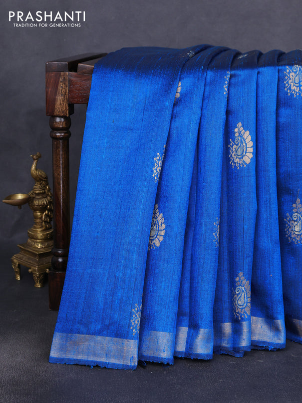 Pure dupion silk saree cs blue with thread & zari woven paisley buttas and zari woven border