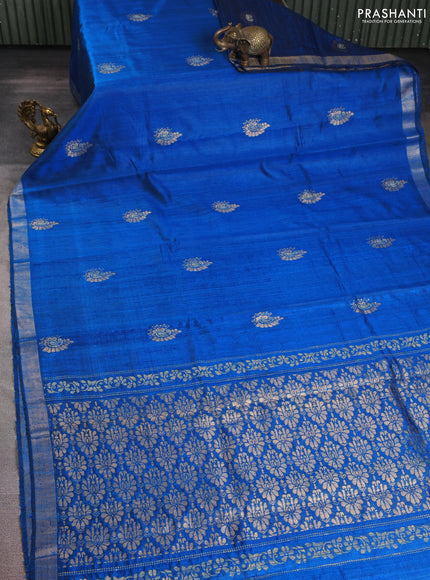 Pure dupion silk saree cs blue with thread & zari woven paisley buttas and zari woven border
