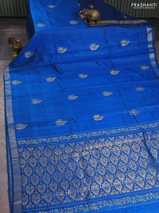 Pure dupion silk saree cs blue with thread & zari woven paisley buttas and zari woven border