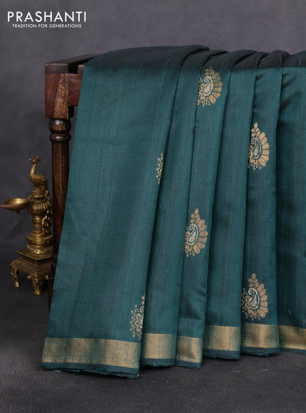 Pure dupion silk saree bottle green with thread & zari woven paisley buttas and zari woven border