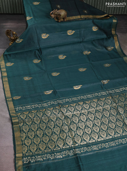 Pure dupion silk saree bottle green with thread & zari woven paisley buttas and zari woven border
