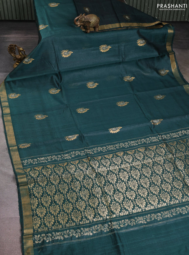 Pure dupion silk saree bottle green with thread & zari woven paisley buttas and zari woven border