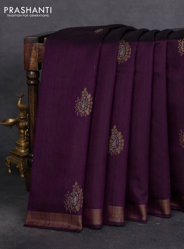 Pure dupion silk saree purple with thread & zari woven paisley buttas and zari woven border