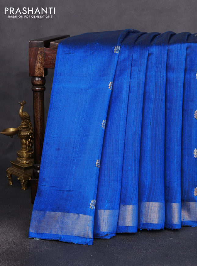 Pure dupion silk saree cs blue with thread & zari woven buttas and zari woven border