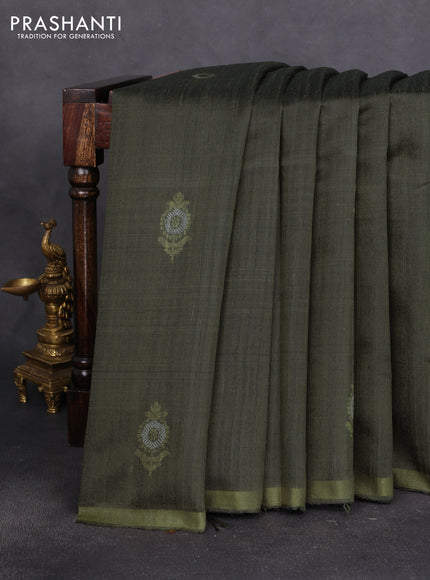Pure dupion silk saree olive green with thread & zari floral buttas and zari woven border