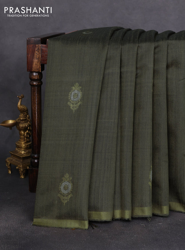 Pure dupion silk saree olive green with thread & zari floral buttas and zari woven border