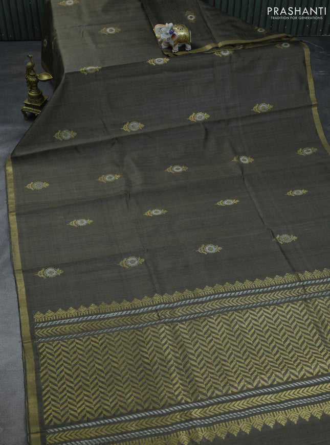 Pure dupion silk saree olive green with thread & zari floral buttas and zari woven border