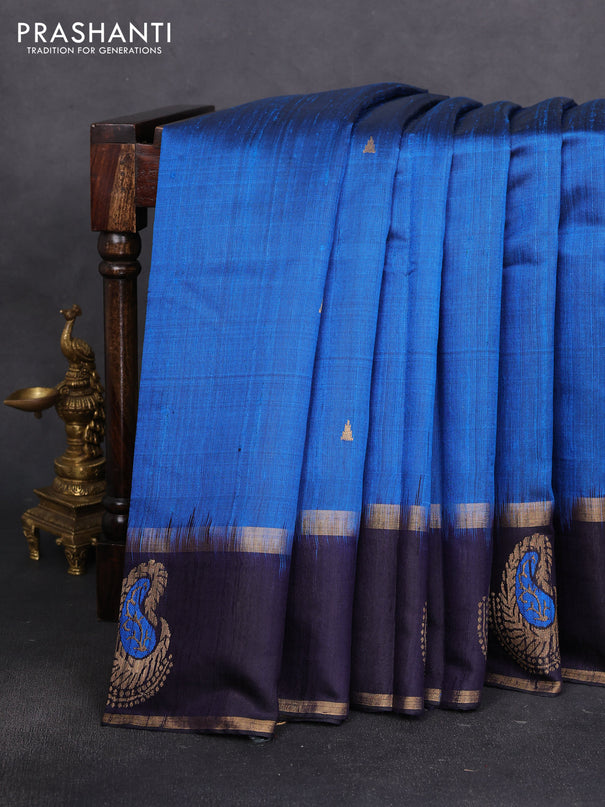 Pure dupion silk saree peacock blue and deep jamun with temple zari woven buttas and thread & zari woven paisley border