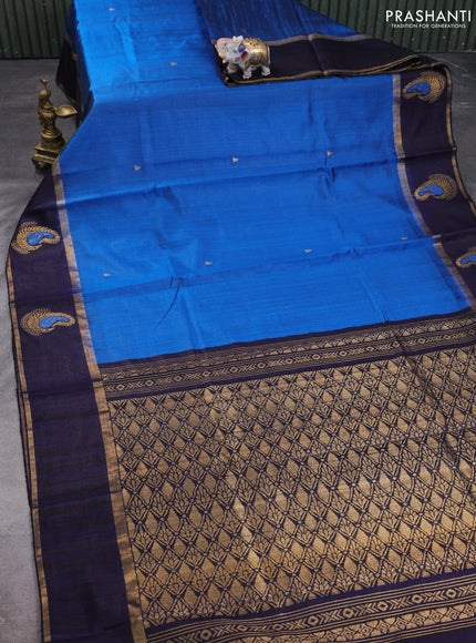 Pure dupion silk saree peacock blue and deep jamun with temple zari woven buttas and thread & zari woven paisley border