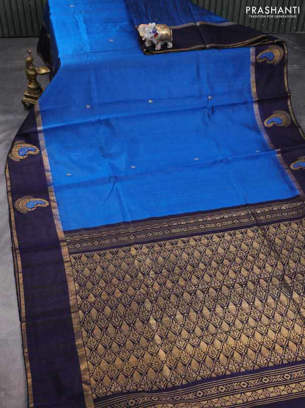 Pure dupion silk saree peacock blue and deep jamun with temple zari woven buttas and thread & zari woven paisley border
