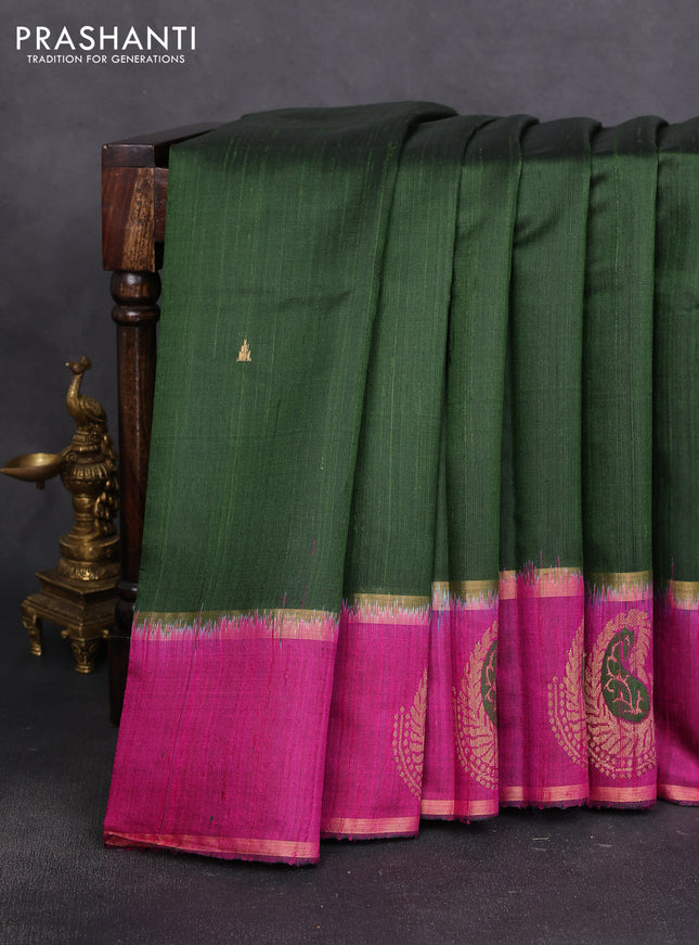 Pure dupion silk saree bottle green and magenta pink with temple zari woven buttas and thread & zari woven paisley border