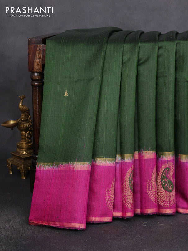 Pure dupion silk saree bottle green and magenta pink with temple zari woven buttas and thread & zari woven paisley border