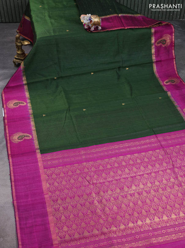 Pure dupion silk saree bottle green and magenta pink with temple zari woven buttas and thread & zari woven paisley border