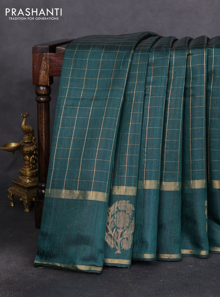 Pure dupion silk saree bottle green with allover checks pattern and floral zari woven border