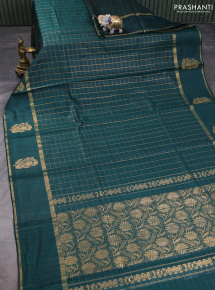 Pure dupion silk saree bottle green with allover checks pattern and floral zari woven border