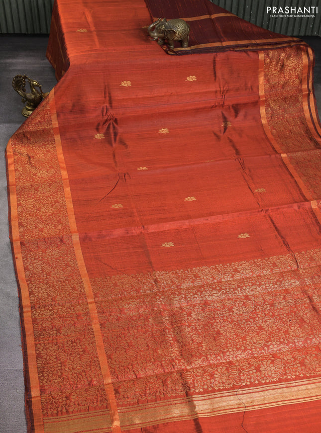 Pure dupion silk saree orange with zari woven buttas and long zari woven border