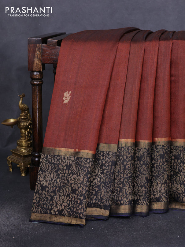 Pure dupion silk saree brown and navy blue with zari woven buttas and long zari woven border