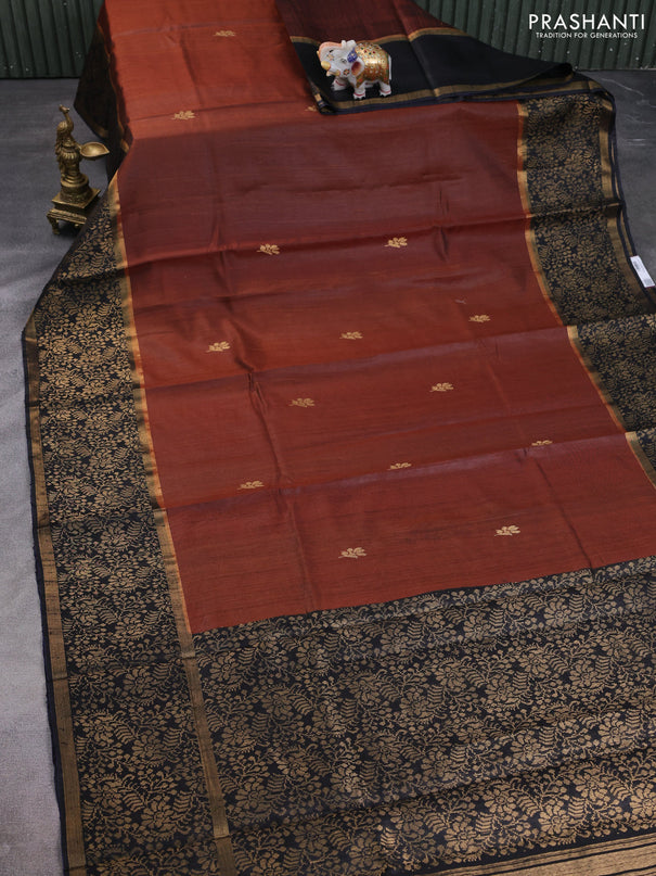 Pure dupion silk saree brown and navy blue with zari woven buttas and long zari woven border