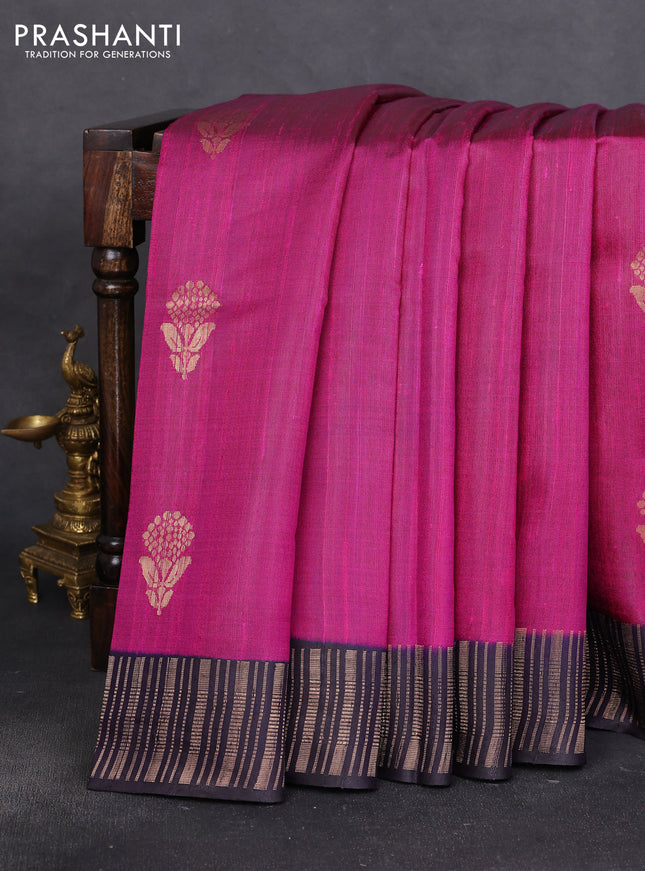 Pure dupion silk saree magenta pink and deep jamun with floral zari woven buttas and zari woven border