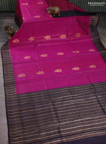 Pure dupion silk saree magenta pink and deep jamun with floral zari woven buttas and zari woven border
