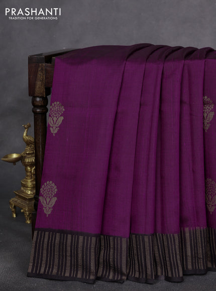 Pure dupion silk saree violet and black with floral zari woven buttas and zari woven border