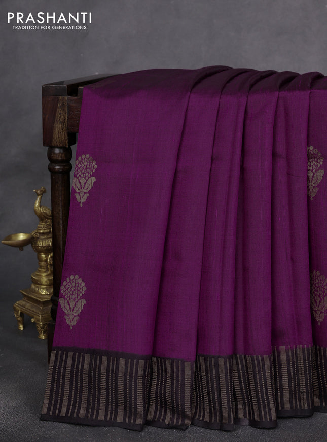 Pure dupion silk saree violet and black with floral zari woven buttas and zari woven border