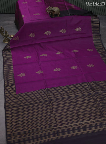 Pure dupion silk saree violet and black with floral zari woven buttas and zari woven border