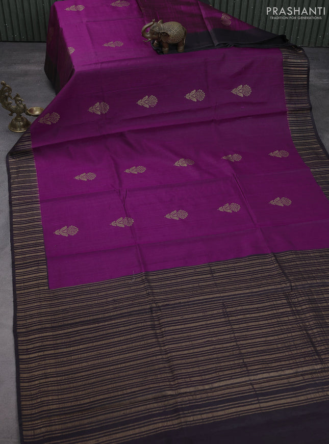 Pure dupion silk saree violet and black with floral zari woven buttas and zari woven border