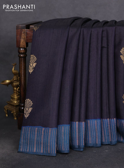 Pure dupion silk saree black and teal green with floral zari woven buttas and zari woven border